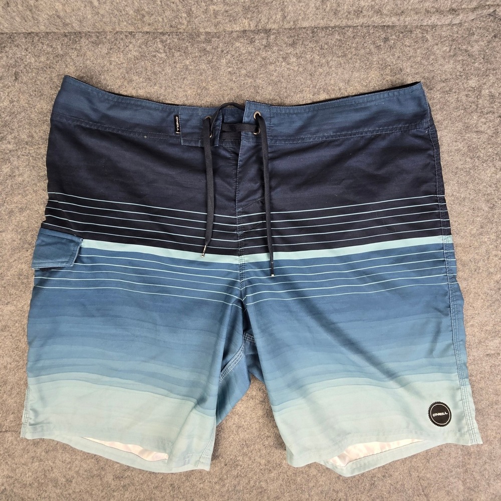 ONeill Mens Blue Ombre Striped Board Shorts Size 38 Swim Trunks Cargo Pocket